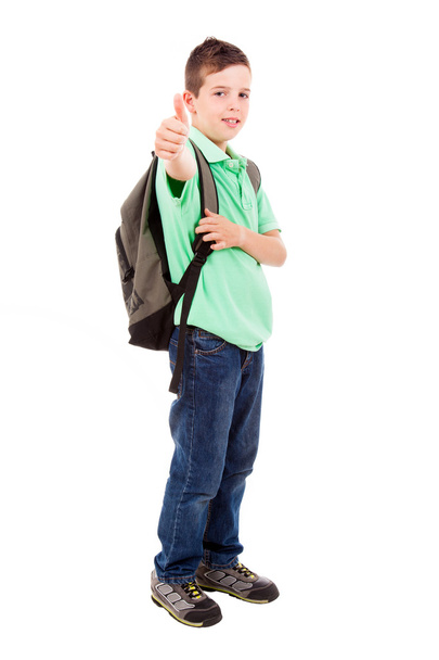 Full length portrait of a school boy with thumb up gesture, isol - Photo, image