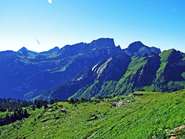 Alpine peaks and rocky landscape of the Alviergruppe mountain range - Canton of St. Gallen, Switzerland - Photo, Image