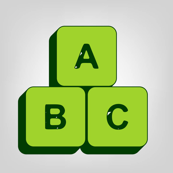 Ilustración del signo del cubo ABC. Vector. Icono sólido verde amarillo con cuerpo externo verde oscuro en fondo de color claro
. - Vector, Imagen