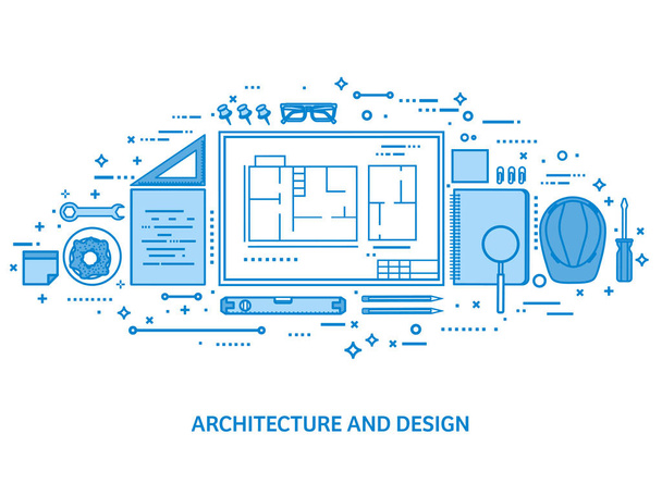 Engineering and architecture. Drawing construction. Architectural project. Design sketching. Workspace with tools. Planning building. Flat blue outline background. Line art vector illustration. - Vector, Image