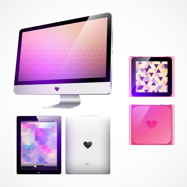 Computer monitor, mp3 player and tablet pc - Vector, Image