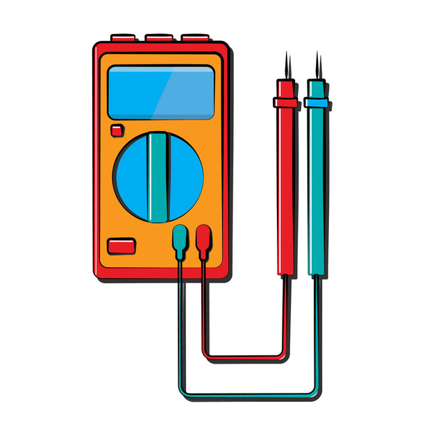 Un petit compteur d'électricité bleu rouge, testeur, multimètre numérique, pour mesurer AC, tension CC, courant, résistance, dommages au câblage et connexions. Outil de construction
 - Vecteur, image