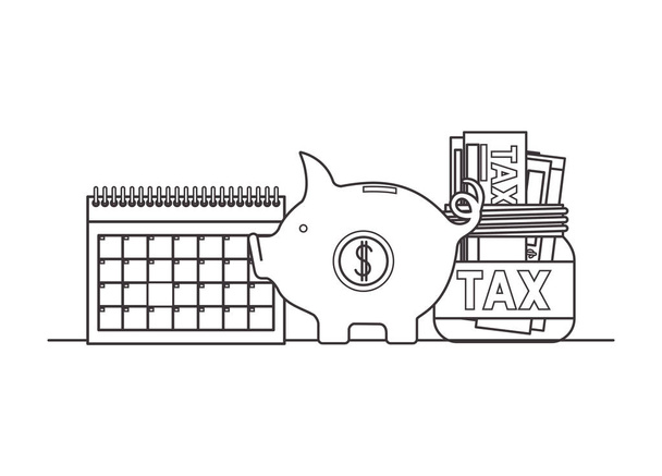 φορολογικό έγγραφο με γουρουνάκι και ημερολόγιο - Διάνυσμα, εικόνα