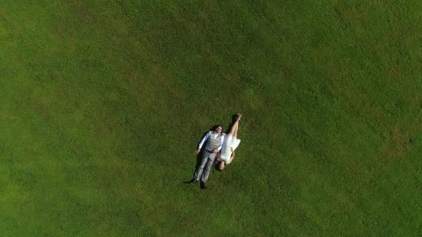Aerial Top Down: Mutlu genç çift yaz günü çimenlerde yatıyordu. Düğünden sonra güneşli parkta dinlenen karı koca yeni evliler. Genç adam ve hamile kadın yalan ve el ele tutuşarak, bir bebek bekliyor - Video, Çekim