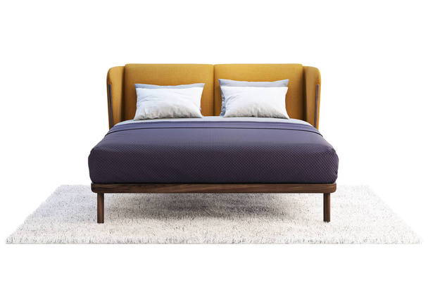 Розкішне двоспальне ліжко з барвистим узголів'ям та білизною. 3d візуалізація
 - Фото, зображення