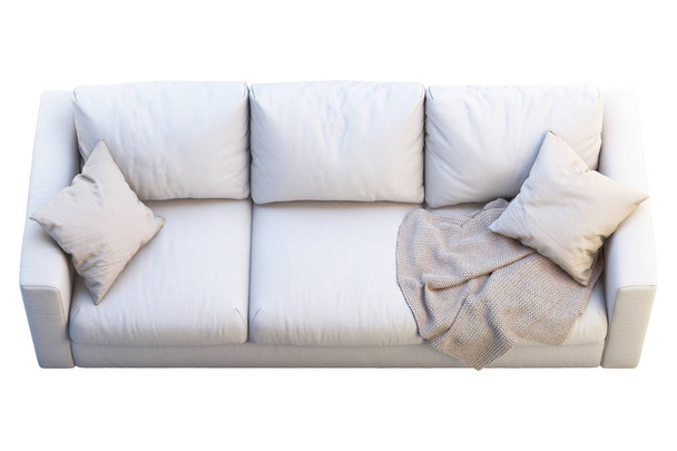 Sofá de tecido bege moderno com travesseiros coloridos. Renderização 3d
 - Foto, Imagem