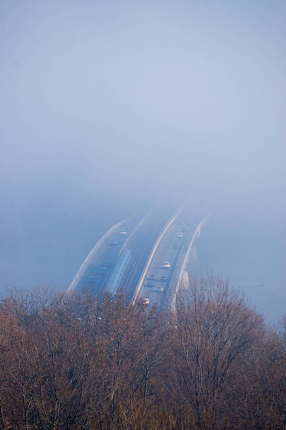 Ponte autunnale nebbia e fiume in acciaio con treno della metropolitana su sfondo sfocato. Foresta in primo piano.  - Foto, immagini