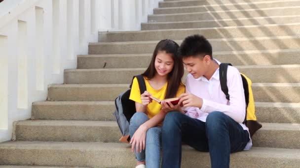 Studienfreunde sitzen mit Buch auf Treppe - Filmmaterial, Video
