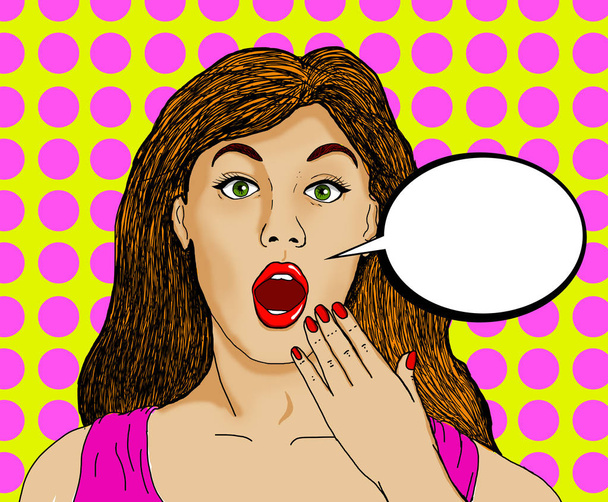 Ilustración pop de una mujer bonita con pin up look con una burbuja en la que se puede poner un mensaje publicitario
 - Foto, Imagen