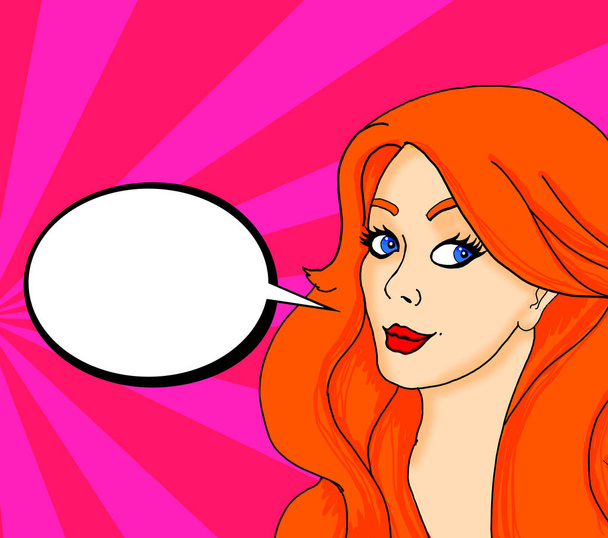Ilustración pop de una mujer bonita con pin up look con una burbuja en la que se puede poner un mensaje publicitario
 - Foto, Imagen