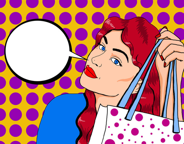 Pop ilustração de uma mulher bonita com pin up olhar com uma bolha em que você pode colocar uma mensagem de publicidade
 - Foto, Imagem