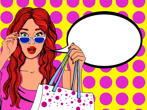 Ilustración pop de una mujer bonita con pin up look con una burbuja en la que se puede poner un mensaje publicitario
 - Foto, imagen