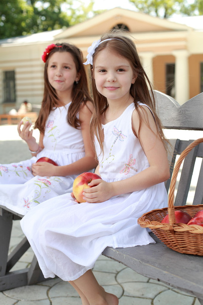 ベンチに赤いリンゴのバスケットを持つ素敵な女の子 - 写真・画像