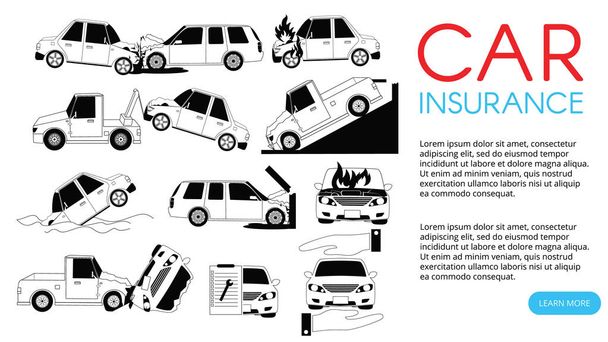 Auto-ongeluk en ongevallen op de weg-pictogrammen - Vector, afbeelding