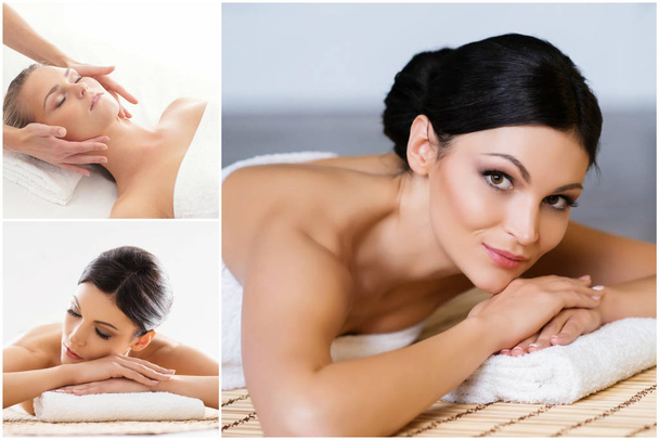 Kolekcja zdjęć z kobietami o różnych rodzajach masażu. Spa, Wellness, uzdrowienie, odmodowanie, opieka zdrowotna i terapia aromatyczna kolaż. - Zdjęcie, obraz