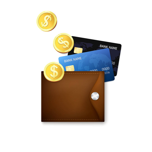 Leather wallet with credit cards and gold coins. Vector illustration - Vector, afbeelding