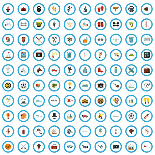 100 szabadidő ikonok készlet, lapos stílus - Vektor, kép