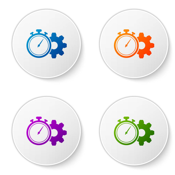 Väri Time Management kuvake eristetty valkoisella taustalla. Kellon ja vaihteen merkki. Tuottavuussymboli. Aseta kuvakkeet ympyrän painikkeita. Vektorikuvaus
 - Vektori, kuva