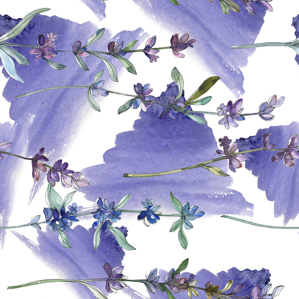 Purple lavender floral botanical flower. Wild spring leaf wildflower. Watercolor illustration set. Watercolour drawing fashion aquarelle. Seamless background pattern. Fabric wallpaper print texture. - Fotoğraf, Görsel