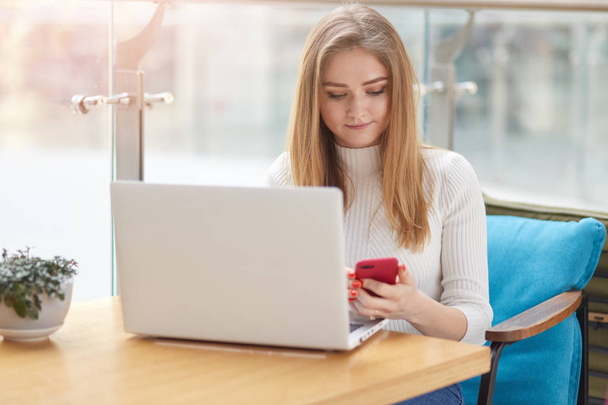 Concentrated long haired blonde student girl checking social network with phone while having rest in cafe. Young lady sits at table in cafe and works online, uses free wi fi. People and technology. - 写真・画像