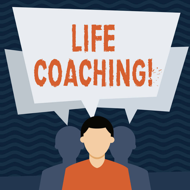 A kézírás szöveg Life Coaching. Fogalom jelentése bizonyítja, hogy segítsen elérni céljaikat, karrierjét, arctalan ember találat van két árnyékok minden van a saját beszéd buborék átfedés. - Fotó, kép