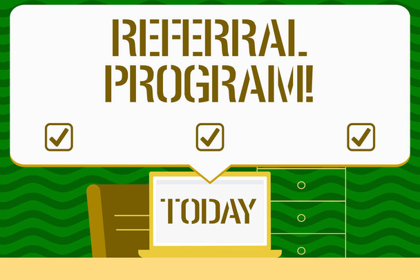 Writing note showing Referral Program. Business photo showcasing internal recruitment method employed by organizations Blank Huge Speech Bubble Pointing to the White Laptop Screen. - Photo, Image