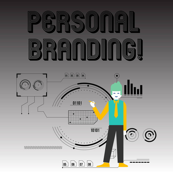Tekst pisma ręcznego pisania Personal Branding. Koncepcja znaczenie praktyki pokazując marketing siebie i ich kariery, człowiek stoi trzymając pióro wskazując na wykresie z ikonami proces Seo. - Zdjęcie, obraz
