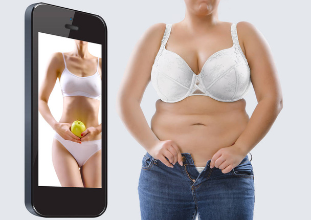Ciało kobiety przed i po odchudzaniu  - Zdjęcie, obraz