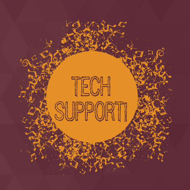 Szöveg írása Tech Support szót. Üzleti koncepció, szolgáltatás, hardver vagy szoftver, amely segít és tanácsot Disarrayed és a Zagyva zenei jegyzetek ikon körüli üres színes kör. - Fotó, kép