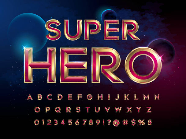 SuperHero font. Metallic effect letters and numbers on an universe background. - Vector, Image
