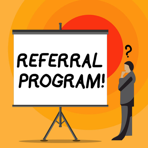 Writing note showing Referral Program. Business photo showcasing internal recruitment method employed by organizations Businessman with Question Mark Above his Head Blank Screen. - Photo, Image