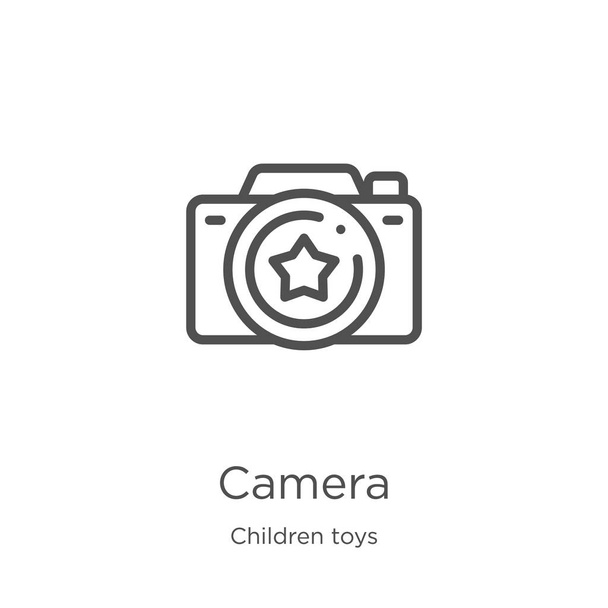 Çocuk oyuncakları koleksiyonundan kamera simgesi vektör. İnce çizgi kamera anahat simge vektör illüstrasyon. Anahat, Web sitesi tasarımı ve mobil, uygulama geliştirme için ince çizgi kamera simgesi - Vektör, Görsel