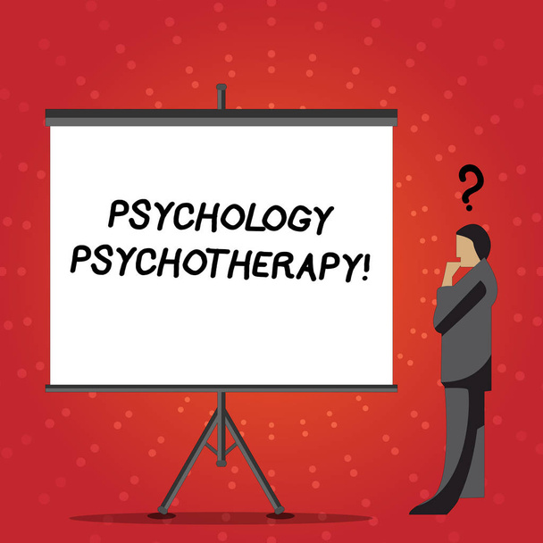 Εννοιολογική χέρι γραφή δείχνει ψυχολογίας ψυχοθεραπεία. Επαγγελματίες φωτογραφία κείμενο θεραπεία της ψυχικής διαταραχής από ψυχολογική σημαίνει επιχειρηματίας με το ερωτηματικό πάνω του επικεφαλής κενή οθόνη. - Φωτογραφία, εικόνα