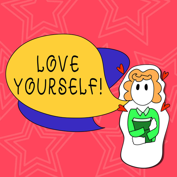 Conceptual hand writing showing Love Yourself. Business photo text have self respect positive image and unconditional acceptance Girl Holding Book with Hearts Around her and Speech Bubble. - Photo, Image
