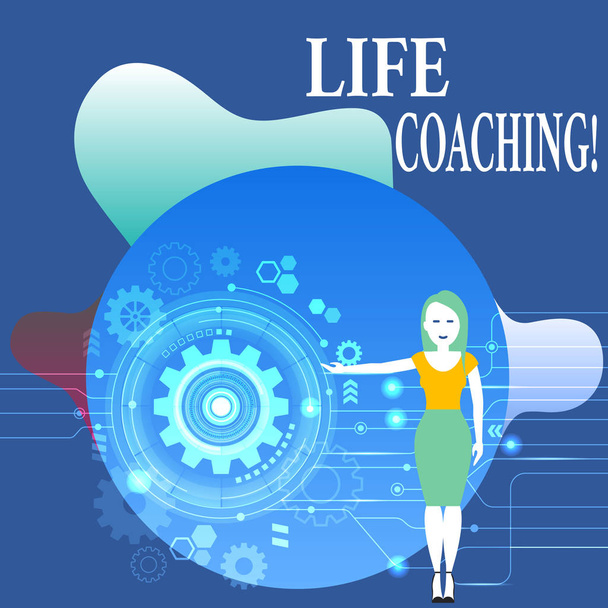 Writing note showing Life Coaching. Business photo showcasing demonstrating employed to help showing attain their goals in career Woman Presenting the SEO Process with Cog Wheel Gear inside. - Photo, Image