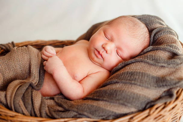 Newborn baby in a woven wooden basket in a brown plaid - Foto, immagini