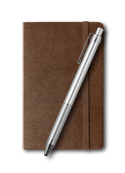 Dark Leather closed notebook and pen isolated on white - Fotó, kép