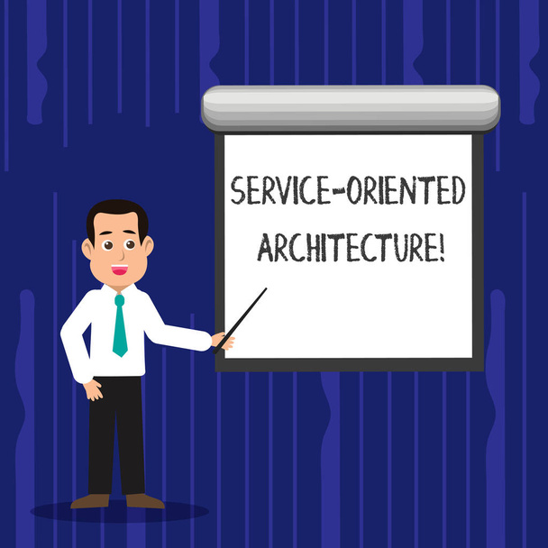 Text sign showing Service Oriented Architecture. Conceptual photo services communicate with each other Man in Necktie Talking Holding Stick Pointing to Blank White Screen on Wall. - 写真・画像