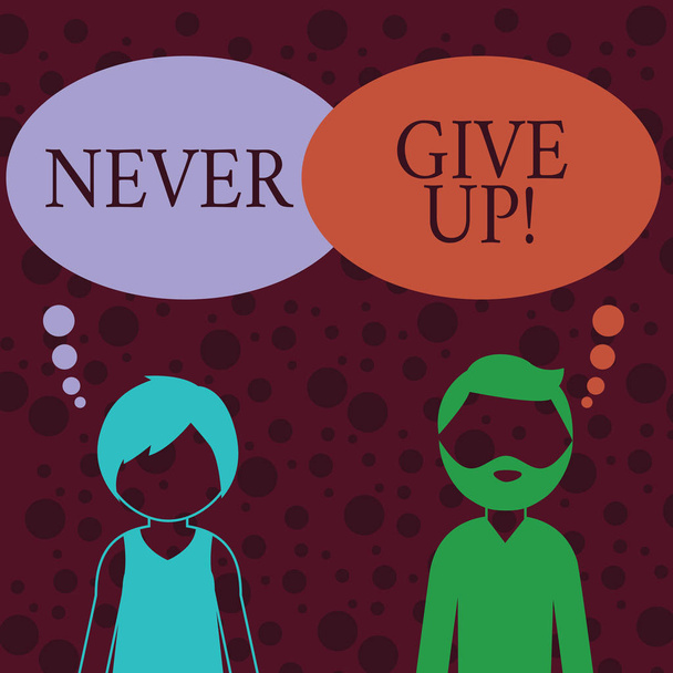 Conceptual hand writing showing Never Give Up. Business photo text you should continue doing what you are good at Resist Bearded Man and Woman with the Blank Colorful Thought Bubble. - Photo, Image