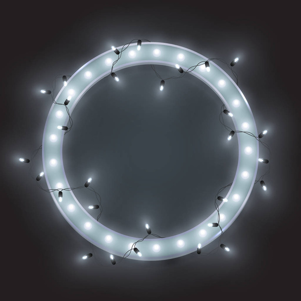 Silver retro neon circle frame, led shiny lights garland, vector - Вектор, зображення