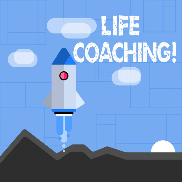 Conceptual hand writing showing Life Coaching. Business photo text demonstrating employed to help showing attain their goals in career Colorful Spacecraft Shuttle Launching New Business Startup. - Photo, Image