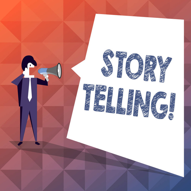 Text sign showing Story Telling. Conceptual photo activity writing stories for publishing them to public Businessman Shouting on Megaphone and Blank White Uneven Shape Speech Bubble. - Photo, Image