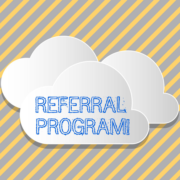 Conceptual hand writing showing Referral Program. Business photo showcasing internal recruitment method employed by organizations White Clouds Cut Out of Board Floating on Top of Each Other. - Photo, Image