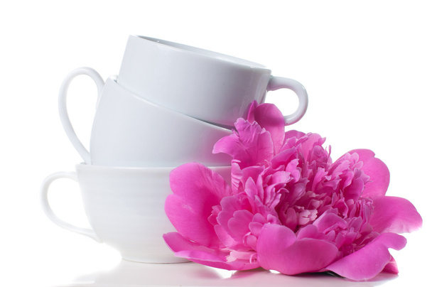 coffee cups and pink peony - Zdjęcie, obraz