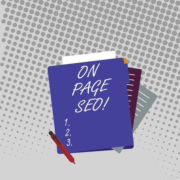 Texto de escritura a mano en Page Seo. Concepto significa que las medidas tomadas dentro del sitio web mejoran los rankings de búsqueda de posición Papelería de papel forrado colorido en parte a la vista de Pastel Blank Folder
. - Foto, imagen
