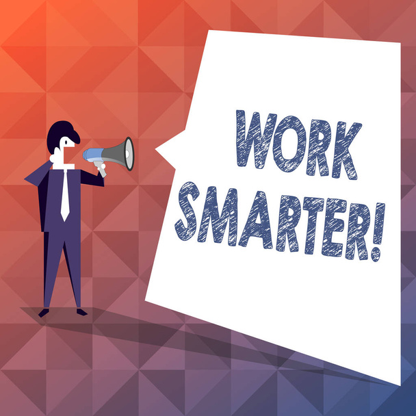 Text sign showing Work Smarter. Conceptual photo its better to efficient and productive than waste time Businessman Shouting on Megaphone and Blank White Uneven Shape Speech Bubble. - Photo, Image