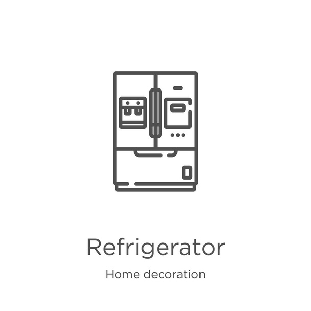 ikona chladničky z domácí dekorace. Obrysová ikona v lednici s tenkým řádkem. Osnova, ikona chladničky s tenkou čárou pro návrh webu a mobilní, vývoj aplikace - Vektor, obrázek