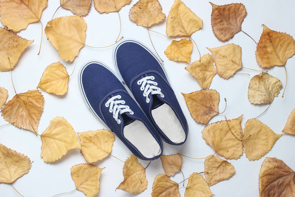 Blauwe hipster sneakers op witte achtergrond met gevallen bladeren.. Herfst mode. Bovenaanzicht - Foto, afbeelding