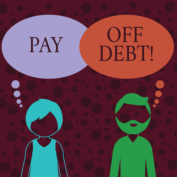 Conceptual hand writing showing Pay Off Debt. Business photo text you give someone or bank all their money that you owe them Bearded Man and Woman with the Blank Colorful Thought Bubble. - Photo, Image
