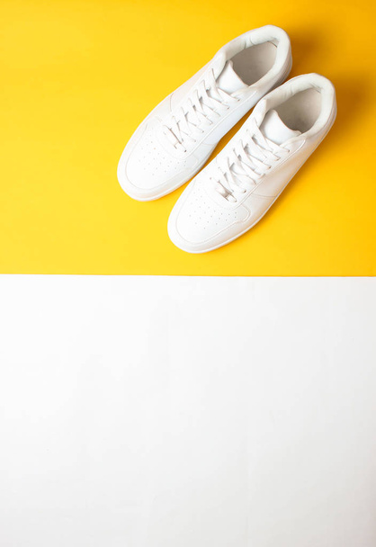 Muodikas valkoinen lenkkarit värillinen pastelli tausta, minimalismi, ylhäältä katsottuna, luova ontuva
 - Valokuva, kuva
